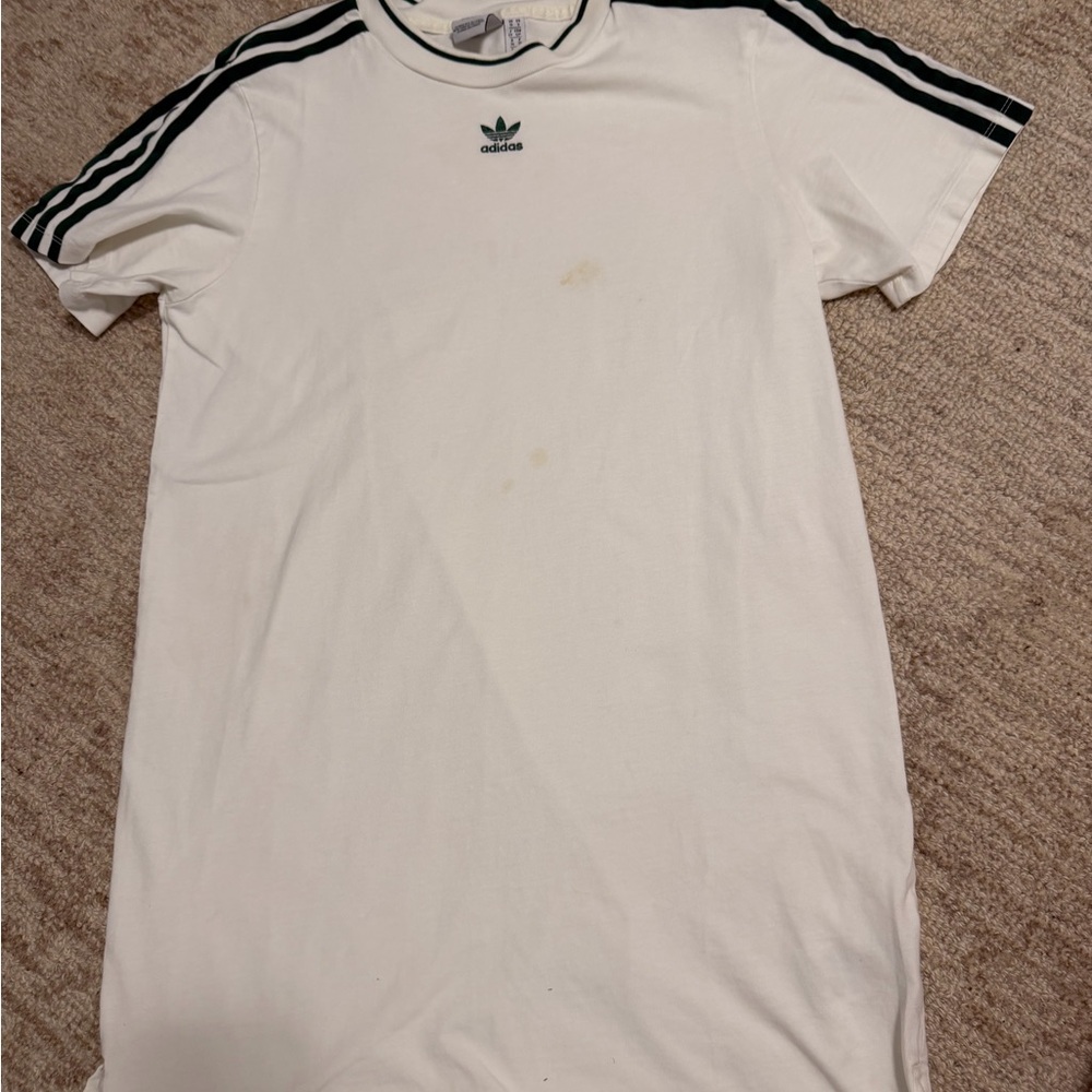 Adidas White Short Sleeve Tee Dress with green Stripe Detail